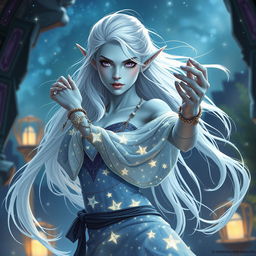 In the style of Dungeons & Dragons character art, Maeve is depicted as a striking figure, showcasing her ethereal light blue skin and elegantly pointed elven ears