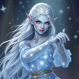 In the style of Dungeons & Dragons character art, Maeve is depicted as a striking and enchanting figure, characterized by her ethereal light blue skin and elegantly pointed elven ears