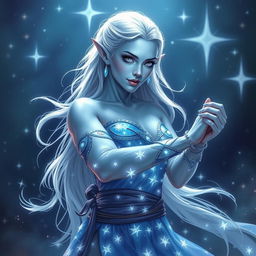 In the style of Dungeons & Dragons character art, Maeve is depicted as a striking and enchanting figure, characterized by her ethereal light blue skin and elegantly pointed elven ears