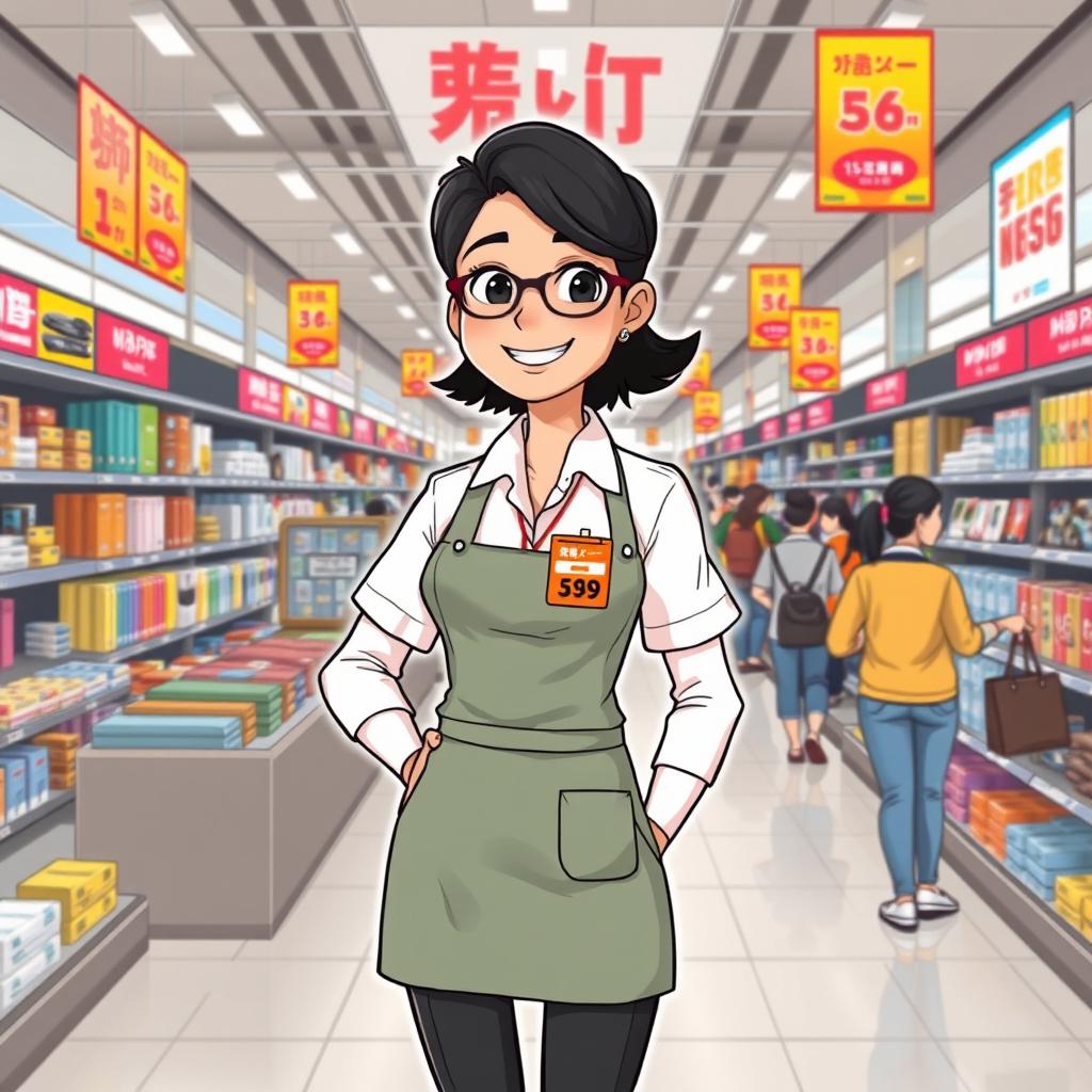 A full-body illustration of a seller in a chain store, showcasing a professional and friendly demeanor