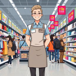 A full-body illustration of a seller in a chain store, showcasing a professional and friendly demeanor