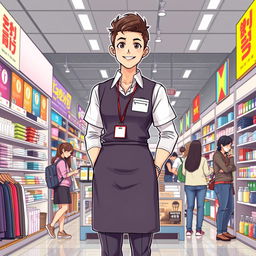 A full-body illustration of a seller in a chain store, showcasing a professional and friendly demeanor