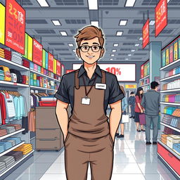 A full-body illustration of a seller in a chain store, showcasing a professional and friendly demeanor