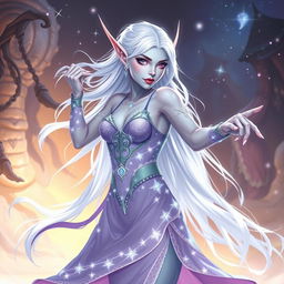 In the style of Dungeons & Dragons character art, Maeve is illustrated as a striking figure, featuring enchanting light blue skin and elegantly pointed elven ears
