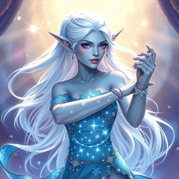 In the style of Dungeons & Dragons character art, Maeve is illustrated as a striking figure, featuring enchanting light blue skin and elegantly pointed elven ears