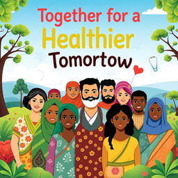 A vibrant and engaging poster for a global health initiative, featuring diverse individuals from various cultures coming together in a community setting