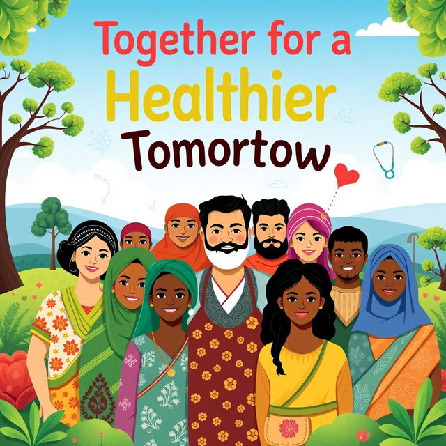 A vibrant and engaging poster for a global health initiative, featuring diverse individuals from various cultures coming together in a community setting