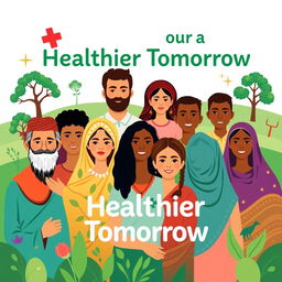 A vibrant and engaging poster for a global health initiative, featuring diverse individuals from various cultures coming together in a community setting