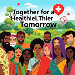 A vibrant and engaging poster for a global health initiative, featuring diverse individuals from various cultures coming together in a community setting
