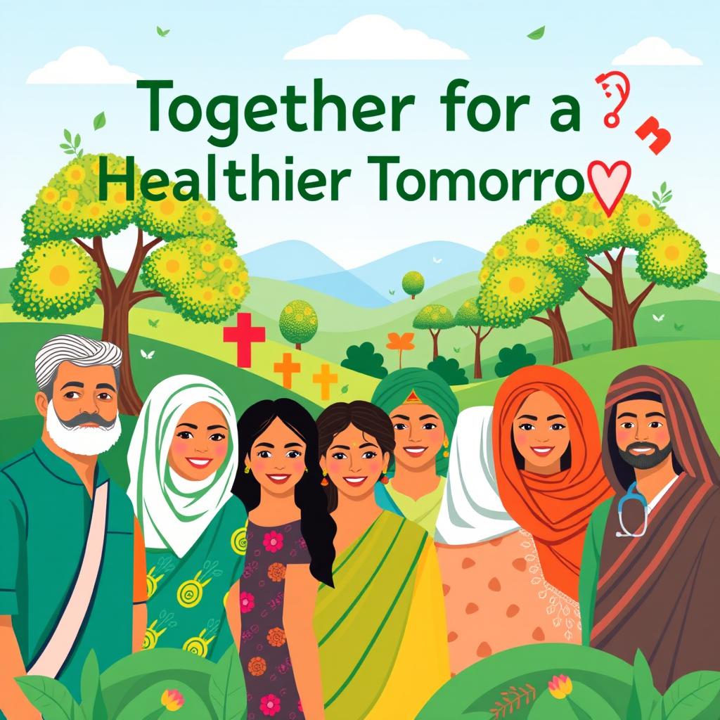 A vibrant and engaging poster for a global health initiative, featuring diverse individuals from various cultures coming together in a community setting