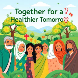 A vibrant and engaging poster for a global health initiative, featuring diverse individuals from various cultures coming together in a community setting
