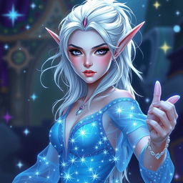 In the style of Dungeons & Dragons character art, Maeve is portrayed as an alluring and striking figure with enchanting light blue skin and elegantly pointed elven ears