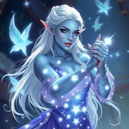 In the style of Dungeons & Dragons character art, Maeve is portrayed as an alluring and striking figure with enchanting light blue skin and elegantly pointed elven ears