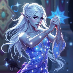 In the style of Dungeons & Dragons character art, Maeve is portrayed as an alluring and striking figure with enchanting light blue skin and elegantly pointed elven ears