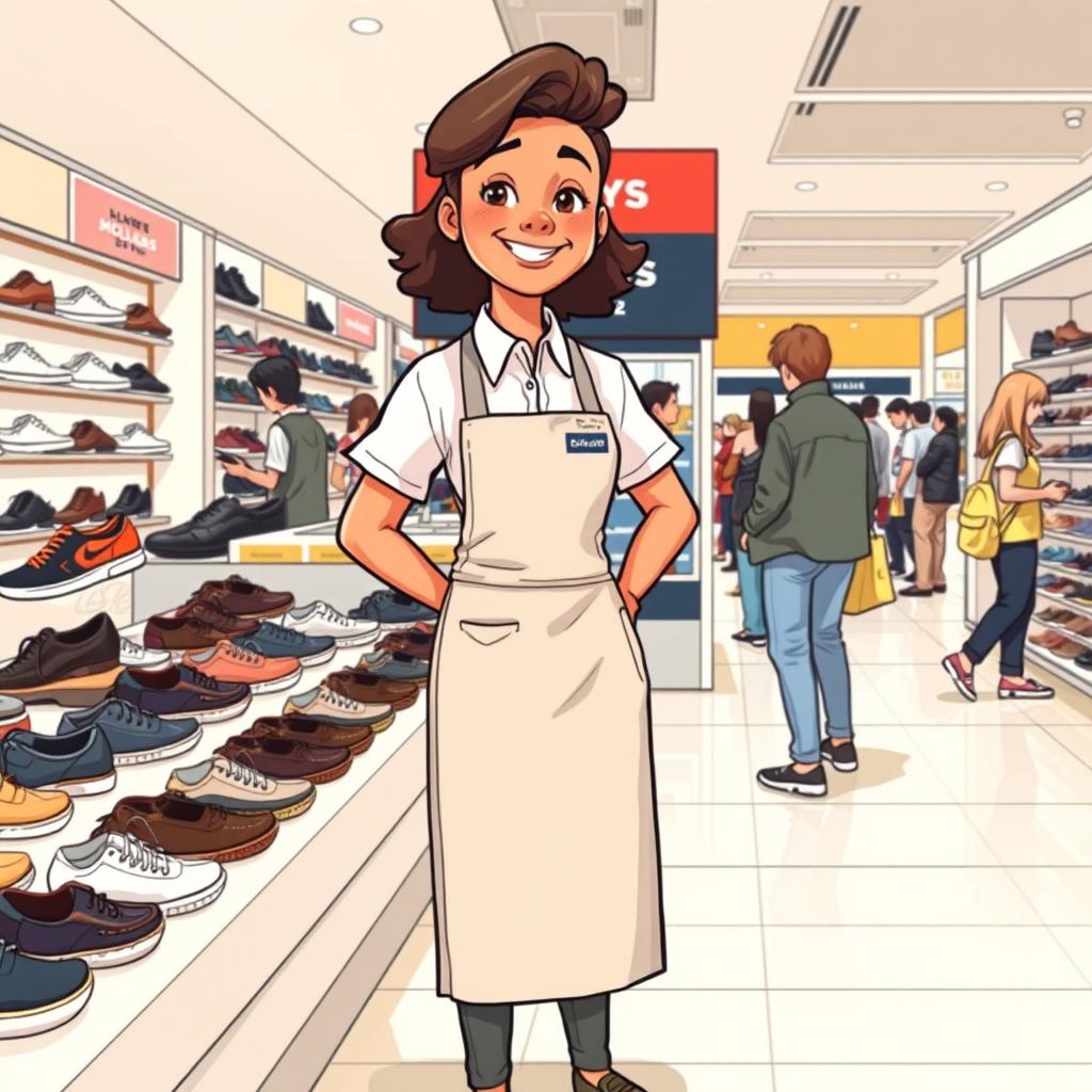A full-body illustration of a shoe seller in a chain store, exuding a friendly and approachable demeanor