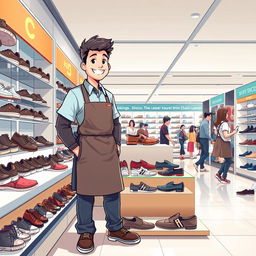 A full-body illustration of a shoe seller in a chain store, exuding a friendly and approachable demeanor