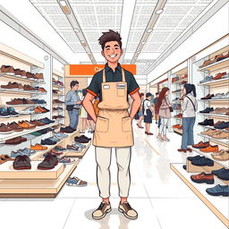 A full-body illustration of a shoe seller in a chain store, exuding a friendly and approachable demeanor