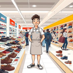 A full-body illustration of a shoe seller in a chain store, exuding a friendly and approachable demeanor