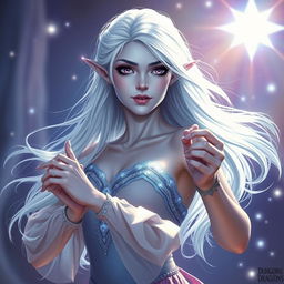 In the style of Dungeons & Dragons character art, Maeve is illustrated as a captivating and striking figure with light blue skin and gracefully pointed elven ears