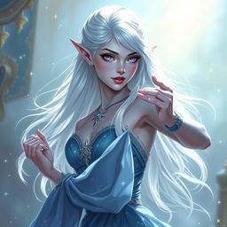 In the style of Dungeons & Dragons character art, Maeve is illustrated as a captivating and striking figure with light blue skin and gracefully pointed elven ears