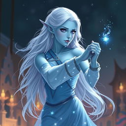 In the style of Dungeons & Dragons character art, Maeve is illustrated as a captivating and striking figure with light blue skin and gracefully pointed elven ears