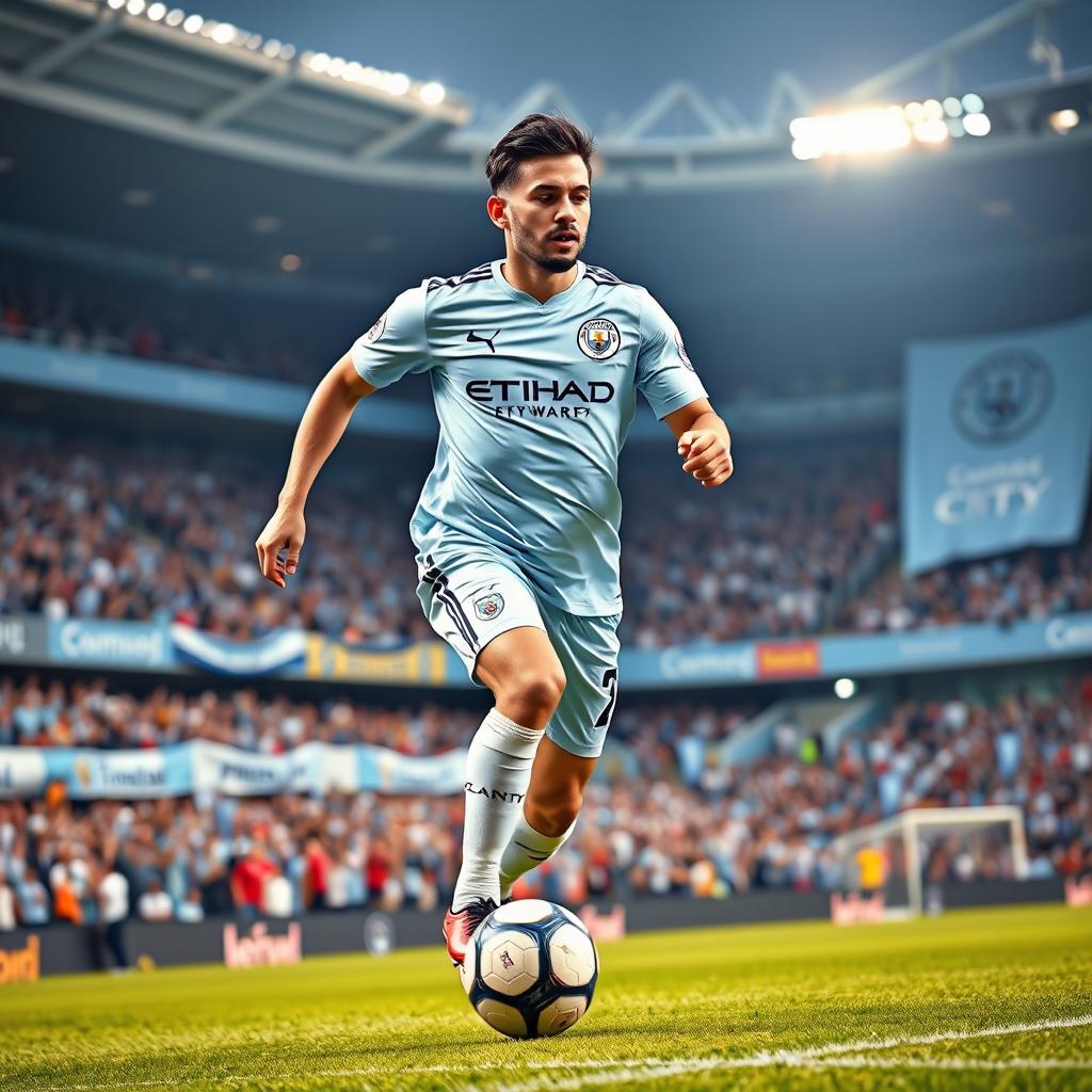 A dynamic and engaging image depicting Uzbek football player Abduqadir Husanov in a Manchester City football kit