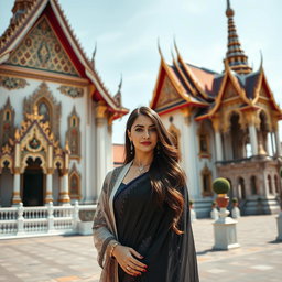 A stunningly elegant Iranian woman standing proudly in front of Wat Arun Temple, also known as the Temple of Dawn, and Wat Pho, with the Grand Palace in the background