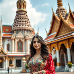 A stunningly elegant Iranian woman standing proudly in front of Wat Arun Temple, also known as the Temple of Dawn, and Wat Pho, with the Grand Palace in the background