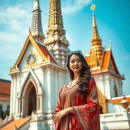 A stunningly elegant Iranian woman standing proudly in front of Wat Arun Temple, also known as the Temple of Dawn, and Wat Pho, with the Grand Palace in the background
