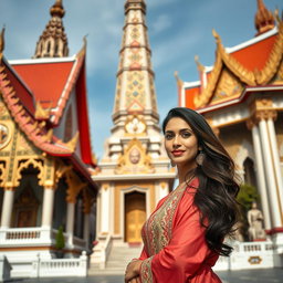 A stunningly elegant Iranian woman standing proudly in front of Wat Arun Temple, also known as the Temple of Dawn, and Wat Pho, with the Grand Palace in the background