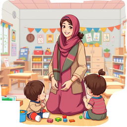 A full-body illustration of an Iranian kindergarten teacher, showcasing a warm and inviting demeanor