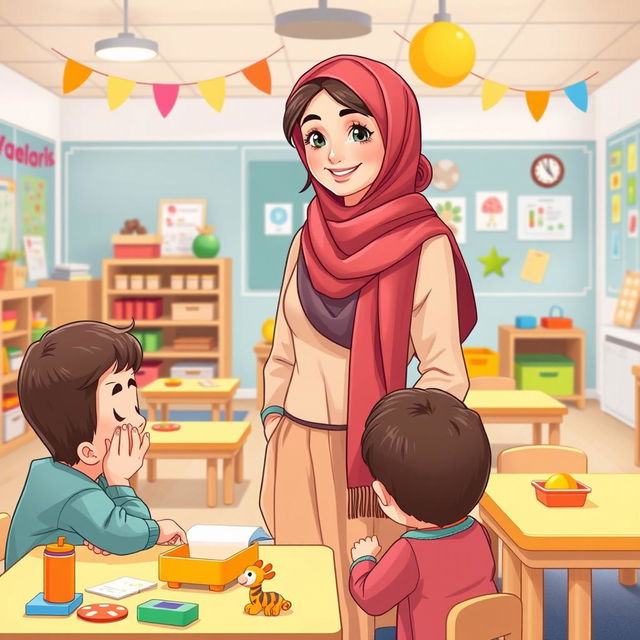 A full-body illustration of an Iranian kindergarten teacher, showcasing a warm and inviting demeanor