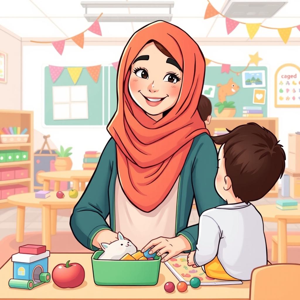 A full-body illustration of an Iranian kindergarten teacher, showcasing a warm and inviting demeanor