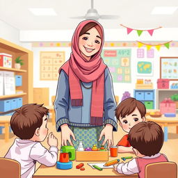 A full-body illustration of an Iranian kindergarten teacher, showcasing a warm and inviting demeanor