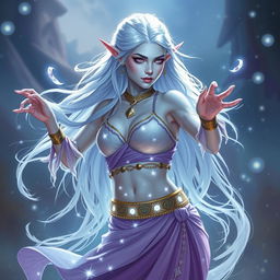 In the style of Dungeons & Dragons character art, Maeve is depicted as a striking figure with captivating light blue skin and elegantly pointed elven ears