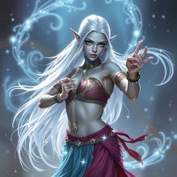 In the style of Dungeons & Dragons character art, Maeve is depicted as a striking figure with captivating light blue skin and elegantly pointed elven ears