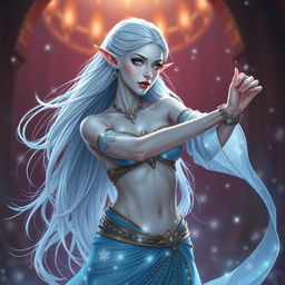 In the style of Dungeons & Dragons character art, Maeve is depicted as a mesmerizing figure with beautiful light blue skin and elegantly pointed elven ears