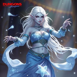 In the style of Dungeons & Dragons character art, Maeve is depicted as a mesmerizing figure with beautiful light blue skin and elegantly pointed elven ears