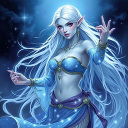 In the style of Dungeons & Dragons character art, Maeve is a striking figure with exquisite light blue skin and elegantly pointed elven ears