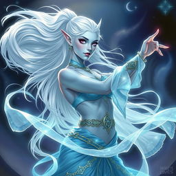 In the style of Dungeons & Dragons character art, Maeve is a striking figure with exquisite light blue skin and elegantly pointed elven ears