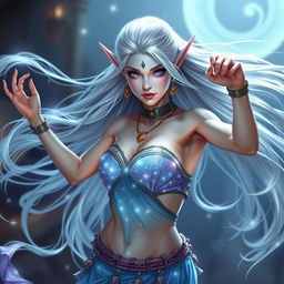In the style of Dungeons & Dragons character art, Maeve is a striking elven figure with mesmerizing light blue skin and elegantly pointed ears