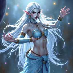 In the style of Dungeons & Dragons character art, Maeve is a striking elven figure with mesmerizing light blue skin and elegantly pointed ears