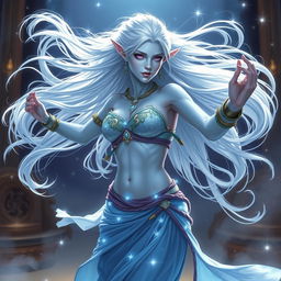 In the style of Dungeons & Dragons character art, Maeve is a striking elven figure with mesmerizing light blue skin and elegantly pointed ears