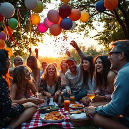 A vibrant, chaotic scene depicting a group of diverse friends laughing and having fun at a lively outdoor party