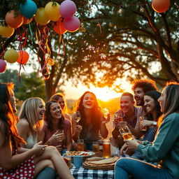A vibrant, chaotic scene depicting a group of diverse friends laughing and having fun at a lively outdoor party