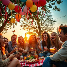 A vibrant, chaotic scene depicting a group of diverse friends laughing and having fun at a lively outdoor party