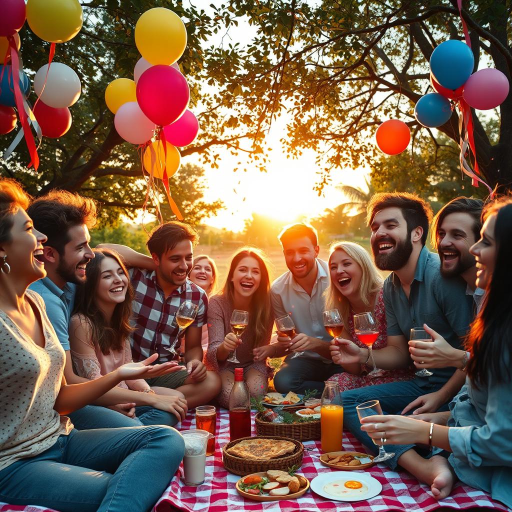 A vibrant, chaotic scene depicting a group of diverse friends laughing and having fun at a lively outdoor party