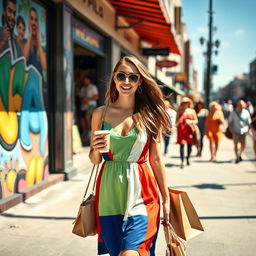 A confident woman walking down a vibrant city street, dressed in a stylish summer dress with bold colors