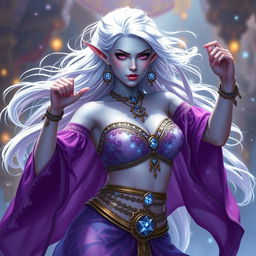In the style of Dungeons & Dragons character art, Maeve is portrayed as an enchanting figure with striking light blue skin and elegantly pointed elven ears