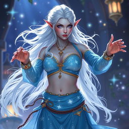 In the style of Dungeons & Dragons character art, Maeve is portrayed as an enchanting figure with striking light blue skin and elegantly pointed elven ears